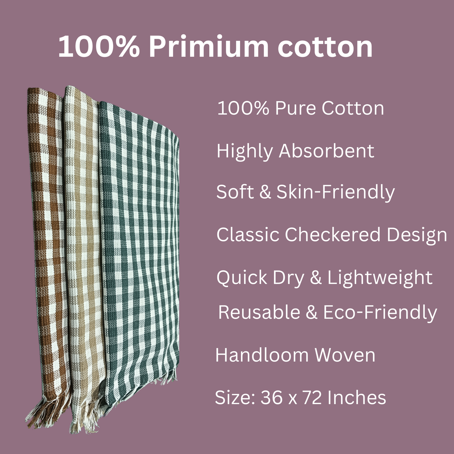 Premium Checkered Cotton Towel – 36" x 72" | Quick-Dry & Lightweight (pack of 3)