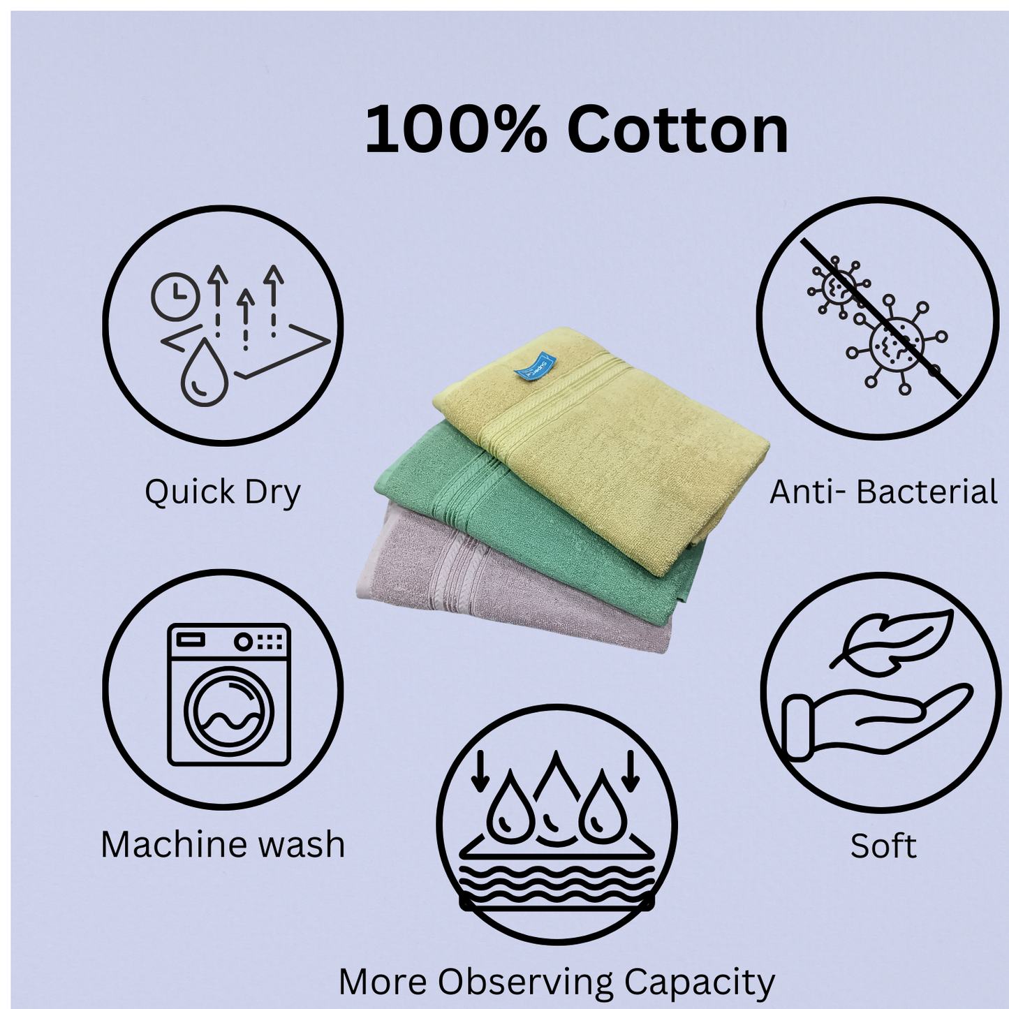 Luxury Cotton Bath Towel – Soft & Absorbent pack of 3(Gold, purpal, Green)