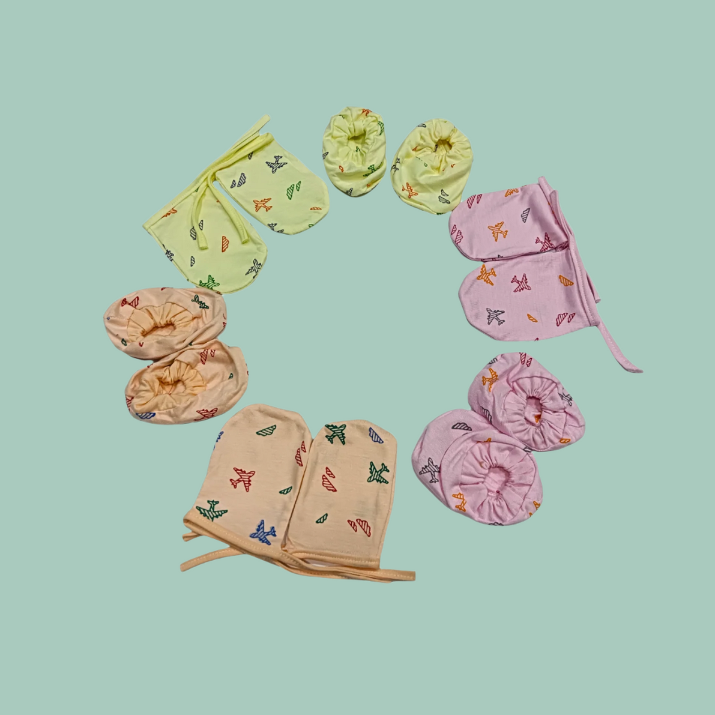 New Born Baby Gloves & Socks – Pack of 3 (Peach, Pink, Yellow)