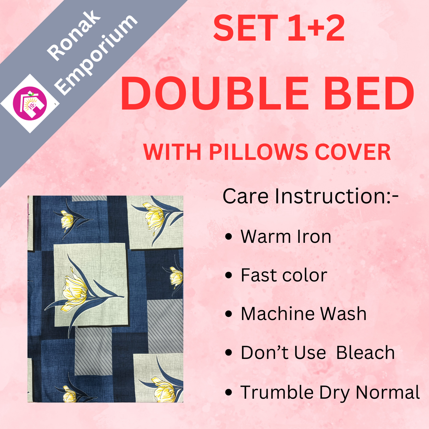 100% Cotton Queen Size Bed Sheet with 2 Pillow Covers – Blue Floral