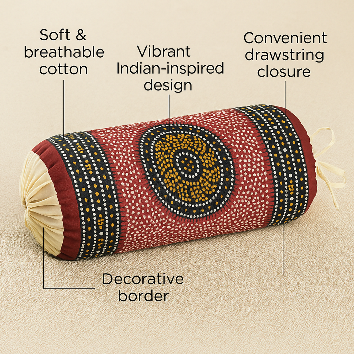 Premium Cotton Bolster with Traditional Printed Cover – Set of 2