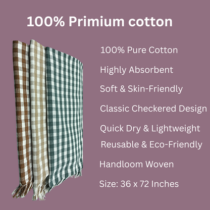 Premium Checkered Cotton Towel – 36" x 72" | Quick-Dry & Lightweight (pack of 3)