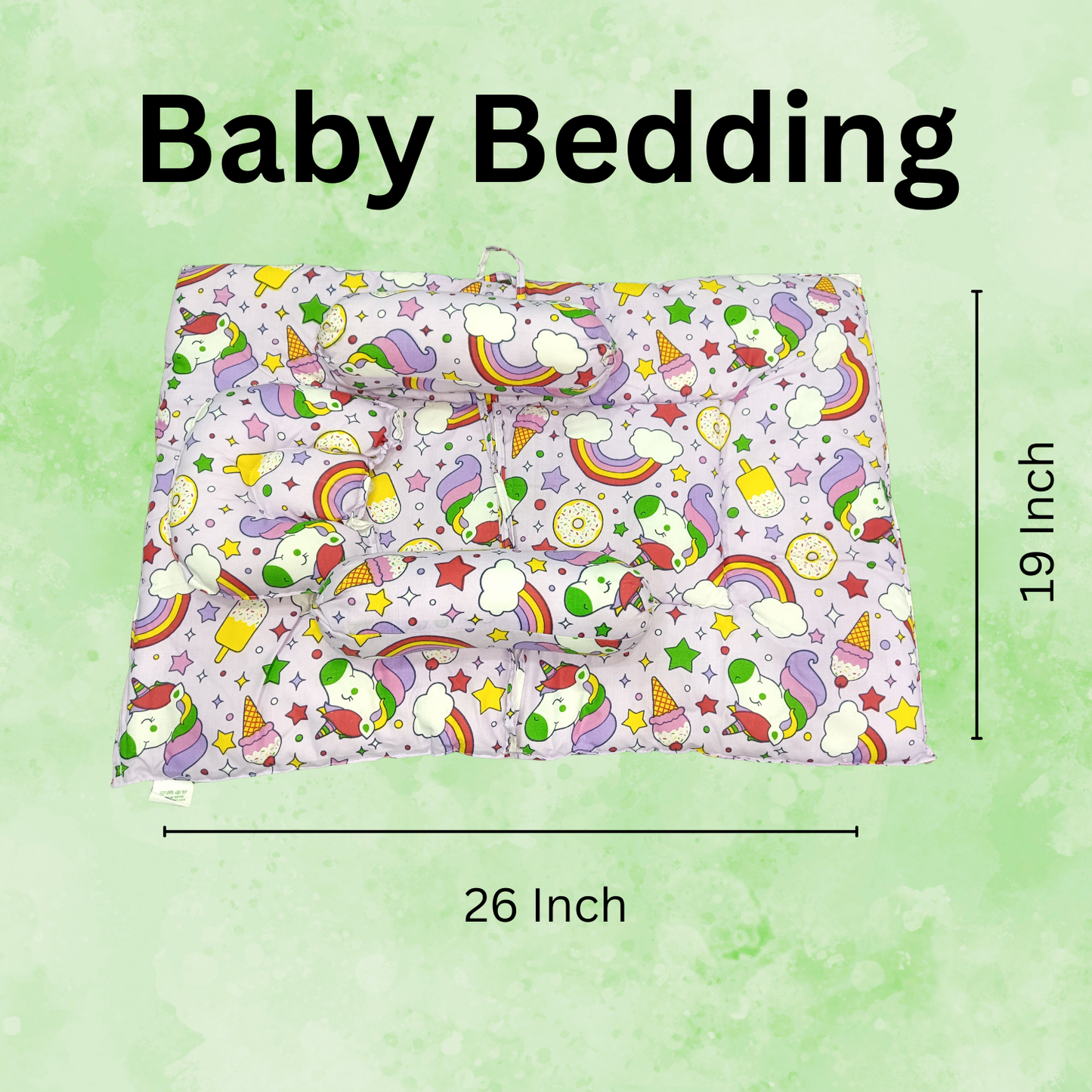 Unicorn Print Cotton Baby Bedding Set with Head & Side Pillows – Newborn Mattress
