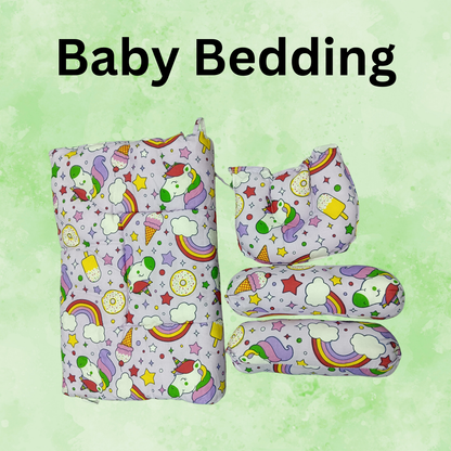 Unicorn Print Cotton Baby Bedding Set with Head & Side Pillows – Newborn Mattress
