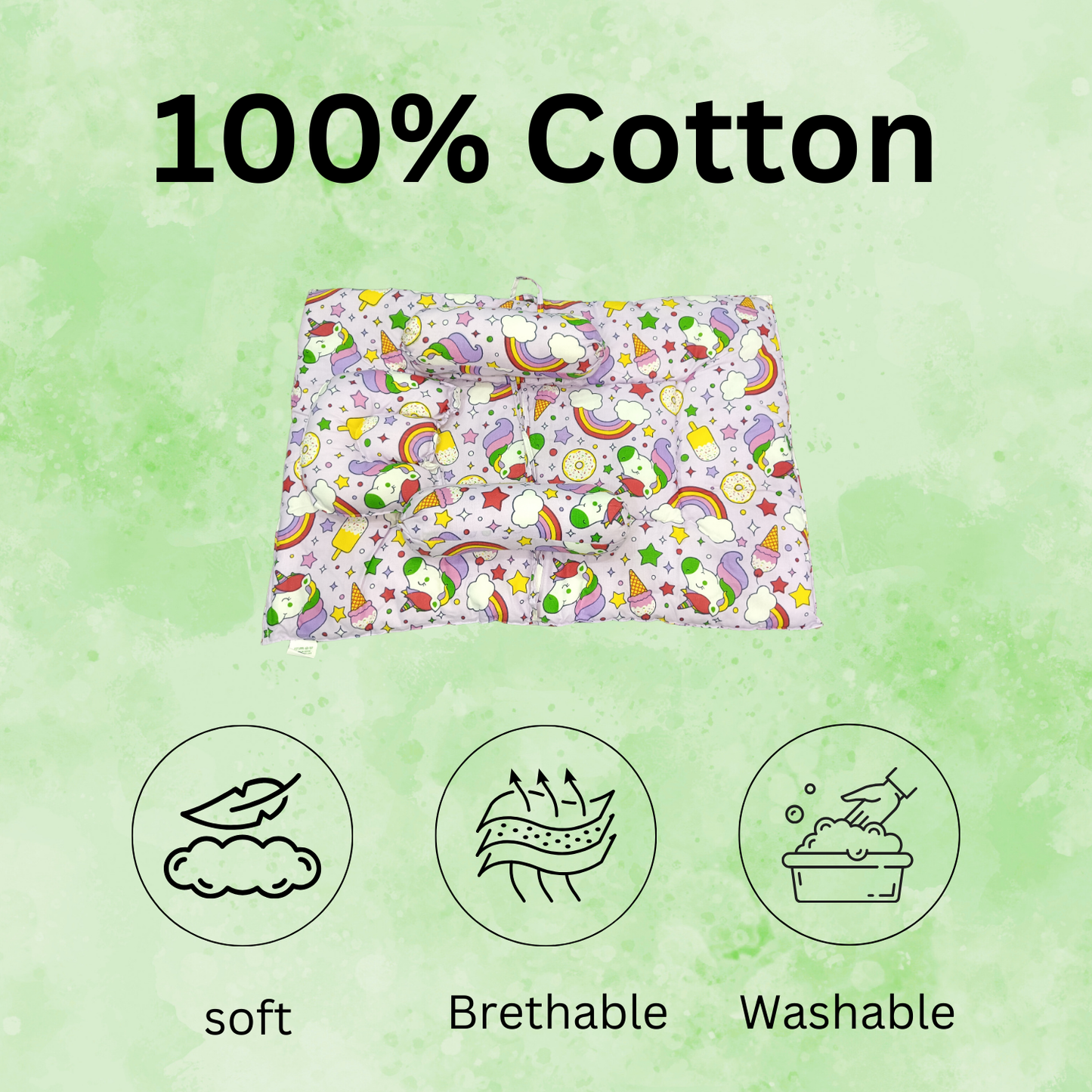 Unicorn Print Cotton Baby Bedding Set with Head & Side Pillows – Newborn Mattress