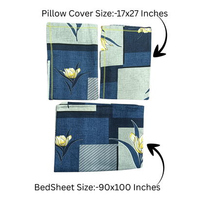 100% Cotton Queen Size Bed Sheet with 2 Pillow Covers – Blue Floral