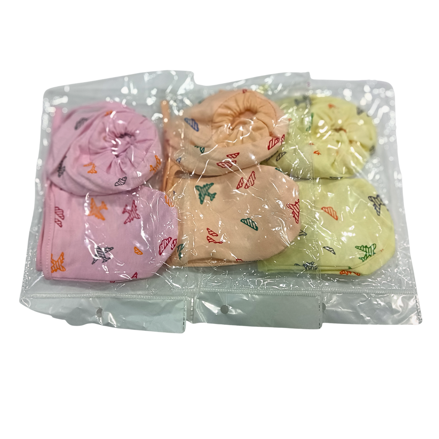 New Born Baby Gloves & Socks – Pack of 3 (Peach, Pink, Yellow)