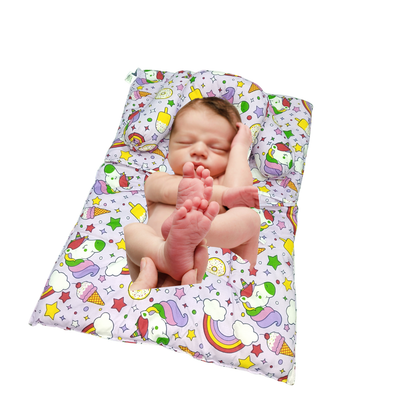 Unicorn Print Cotton Baby Bedding Set with Head & Side Pillows – Newborn Mattress