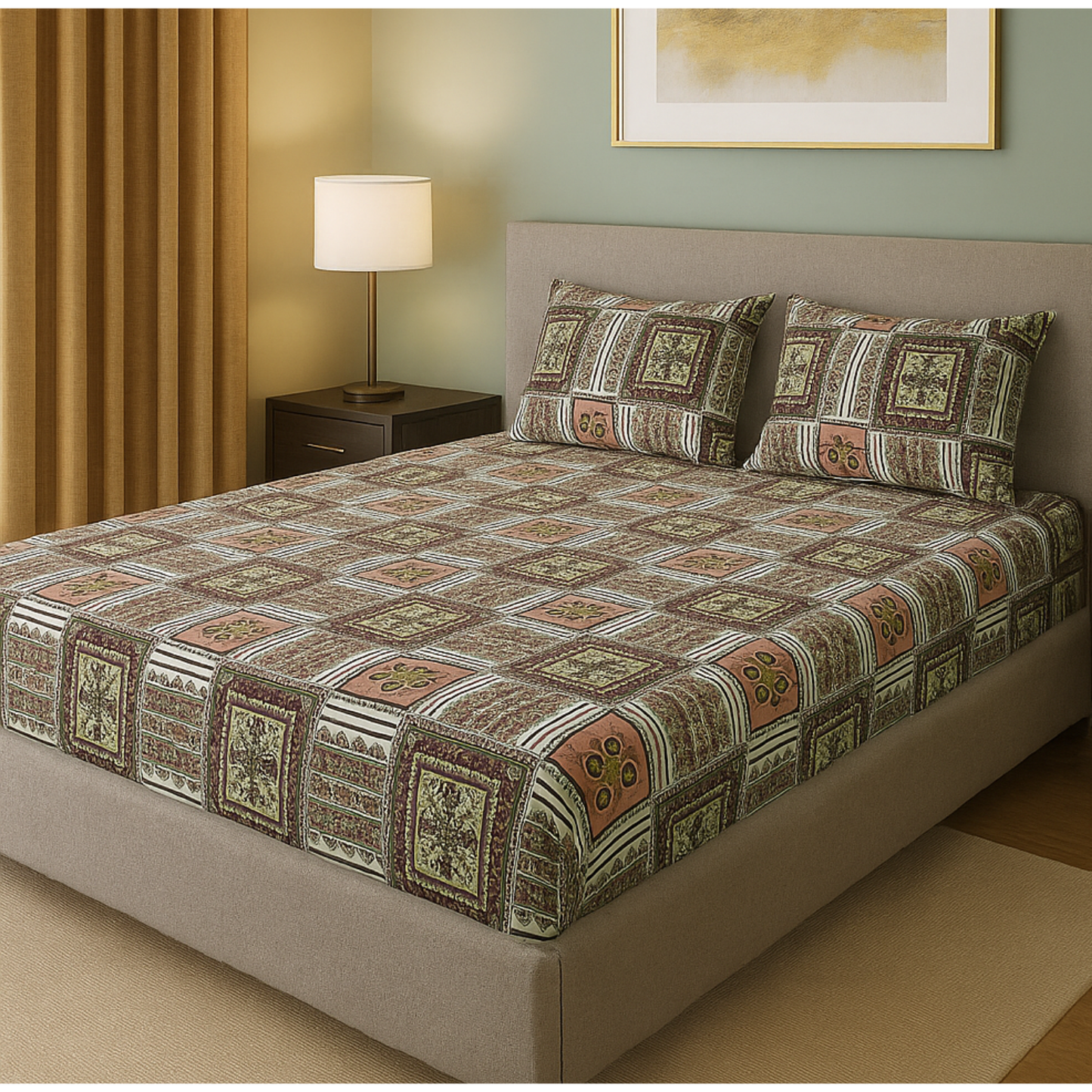 Premium Cotton Fitted Bedsheet with 2 Pillow Covers – King Size