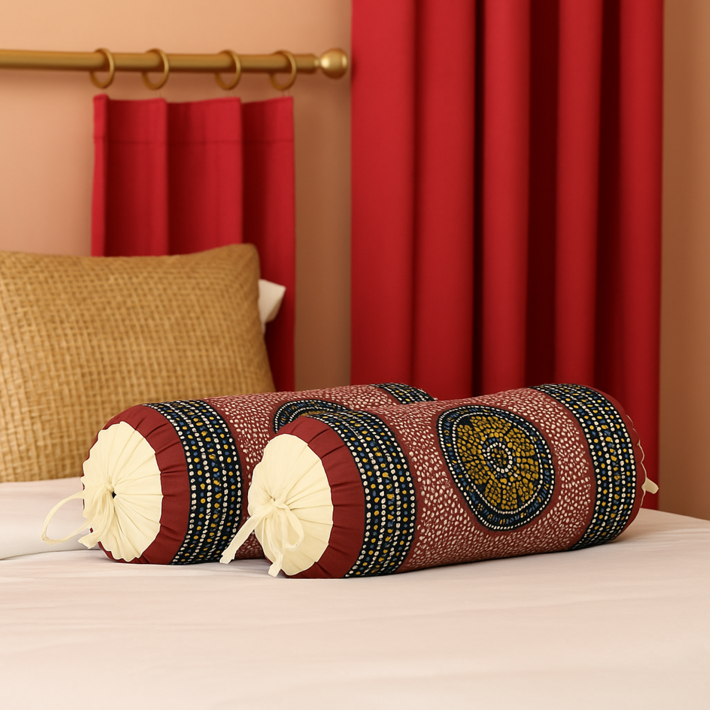 Premium Cotton Bolster with Traditional Printed Cover – Set of 2