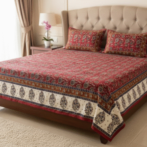 Rajasthani Jaipuri Cotton Double Bed Sheet with 2 Pillow Covers – Red Floral Design
